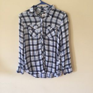 Justice button up top blue/white roll tab sleeves